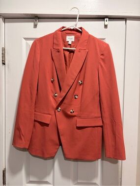 Nine West Coral-Orange Double-Breasted Blazer with Gold Buttons